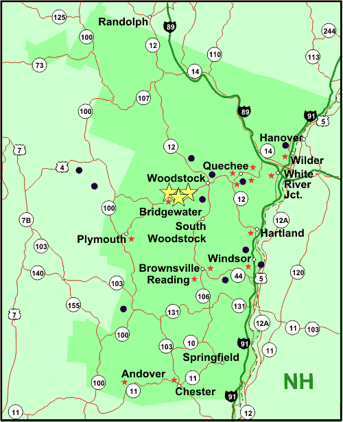 Windsor County Map showing attractions and accommodations