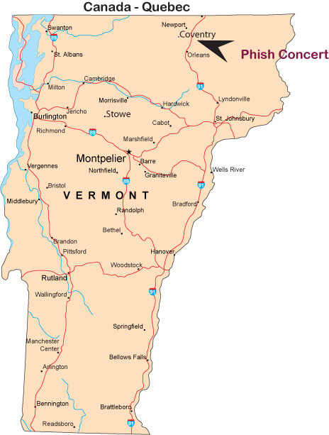 Map of vermont showing site of Phish summer 2004 concert outside Coventry.