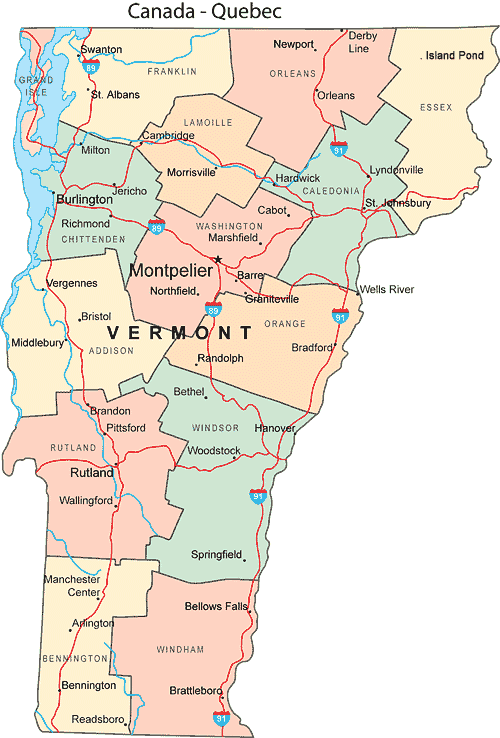 Scenes of Vermont map shows Vermont cities, towns, counties and roads