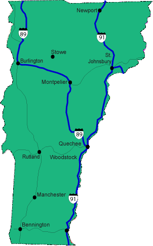 Major cities, towns and highways shown in Vermont map