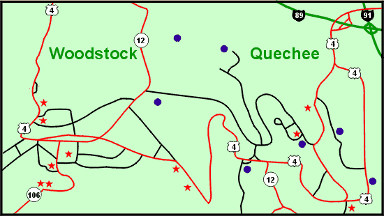 Woodstock Area Map showing attractions and accommodations