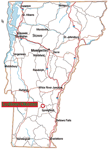 Map shows Ludlow Okemo in relation to major Vermont towns and cities and highways