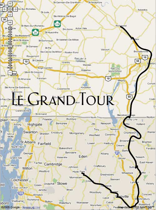 map route of the grand tour by Velo Quebec of northeastern Vermont